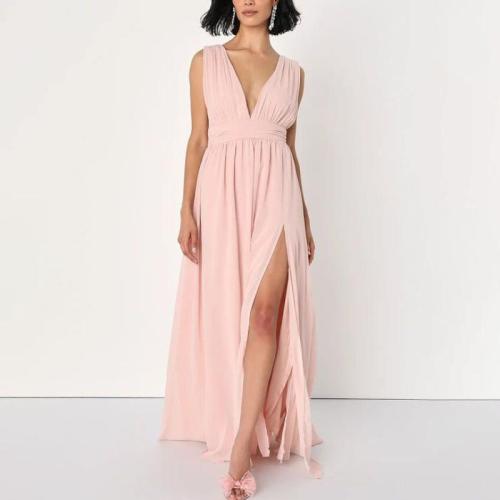 Polyester long style & front slit One-piece Dress deep V & backless Solid PC