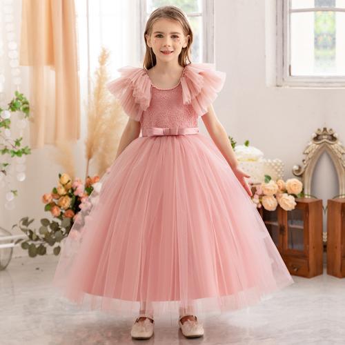 Gauze & Polyester Princess & Ball Gown Girl One-piece Dress large hem design Solid pink PC