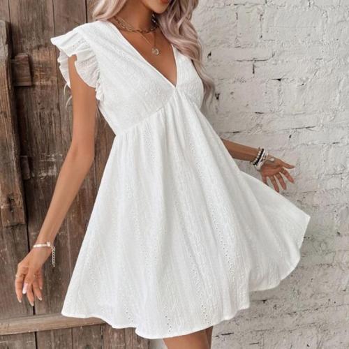Cotton One-piece Dress deep V Solid white PC
