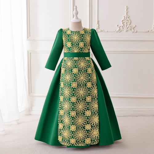 Polyester Soft & Slim Girl One-piece Dress large hem design embroider green PC