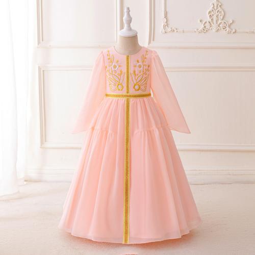 Polyester Princess Girl One-piece Dress large hem design embroider Solid pink PC