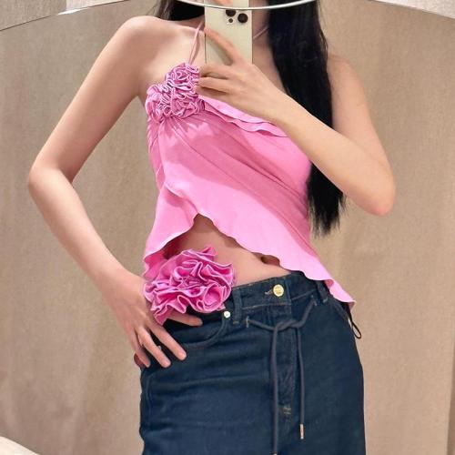 Polyester Slim Camisole & short front long back patchwork Solid pink PC