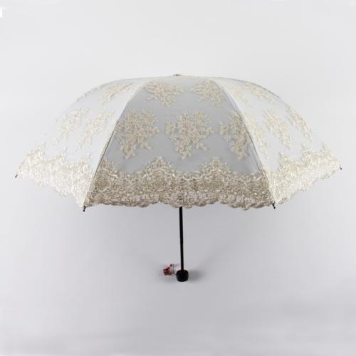 Vinyl & Pongee Waterproof Foldable Umbrella 8 rid-frame & sun protection Iron & Lace embroidered floral beige PC