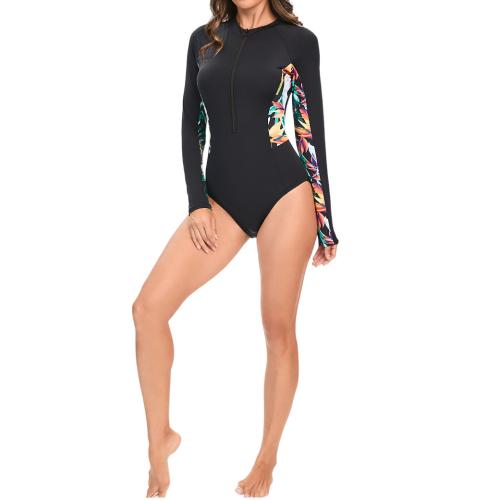 Polyester One-piece Swimsuit & sun protection & padded printed geometric black PC