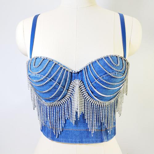 Denim Tassels Camisole backless & with rhinestone Solid PC