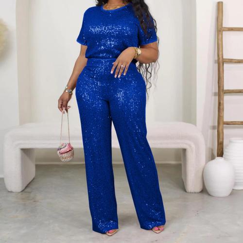 Sequin & Polyester Plus Size Women Casual Set slimming Long Trousers & short sleeve T-shirts patchwork Solid Set