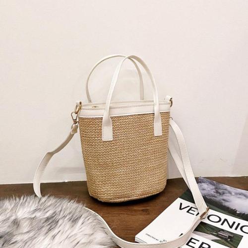 Straw & PU Leather Bucket Bag Handbag durable & attached with hanging strap Solid PC