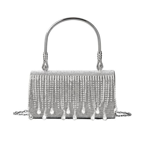 Polyester Easy Matching & Tassels Clutch Bag with chain & with rhinestone silver PC