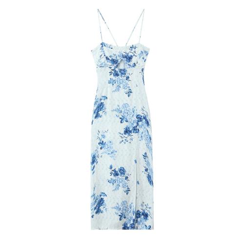 Polyester Slim Slip Dress, different size for choice, printed, floral, blue,  PC