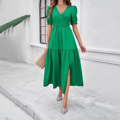 Polyester One-piece Dress deep V & side slit & breathable Solid PC