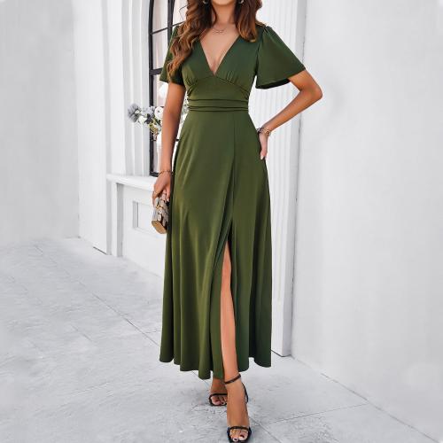 Polyester Waist-controlled & front slit One-piece Dress deep V Solid PC