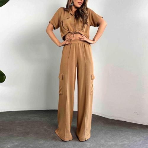 Polyester Women Casual Set midriff-baring & slimming Long Trousers & short sleeve T-shirts patchwork Solid Set