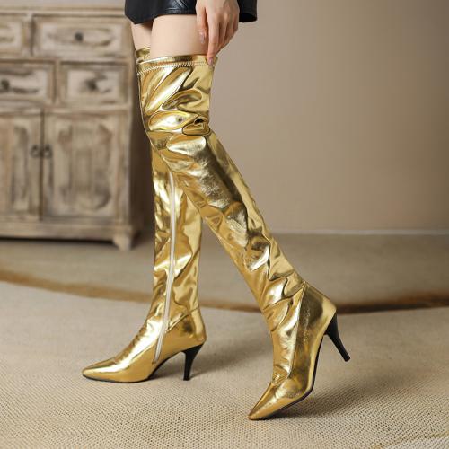 Rubber & PU Leather & Underfur side zipper Knee High Boots pointed toe Solid Pair