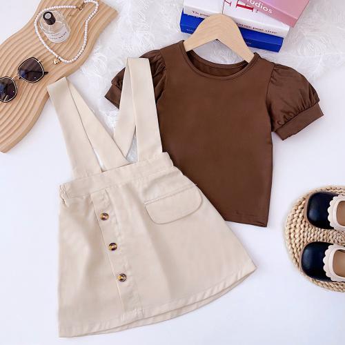 Cotton Girl Two-Piece Dress Set & two piece & breathable Solid brown Set