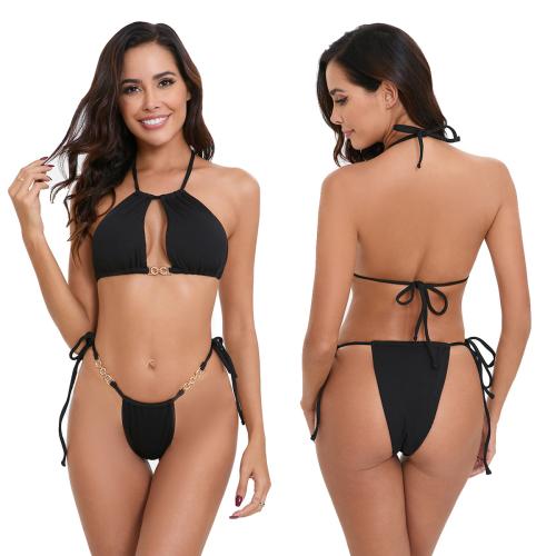 Polyester Bikini & two piece & hollow & skinny style black Set