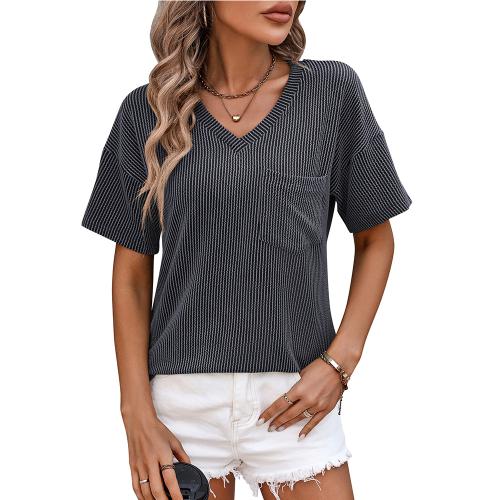 Rayon & Polyester Women Short Sleeve T-Shirts & loose & with pocket striped PC