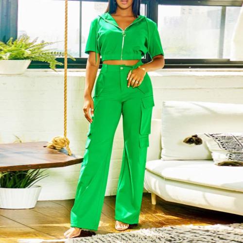 Polyester Women Casual Set slimming & with pocket Long Trousers & short sleeve T-shirts patchwork Solid green Set