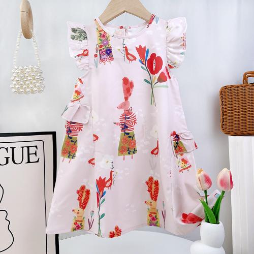 Cotton lace Girl One-piece Dress & breathable printed pink PC
