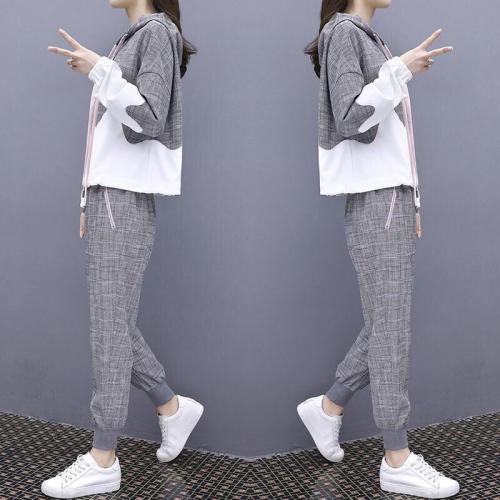 Polyester Women Casual Set & two piece & loose Pants & top gray Set