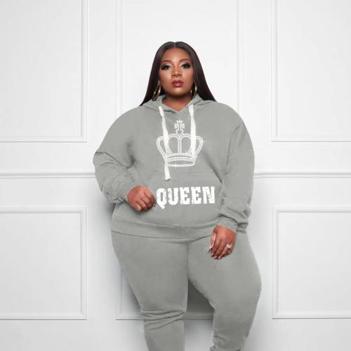 Polyester Plus Size Women Casual Set & two piece & loose Pants & top printed letter Set
