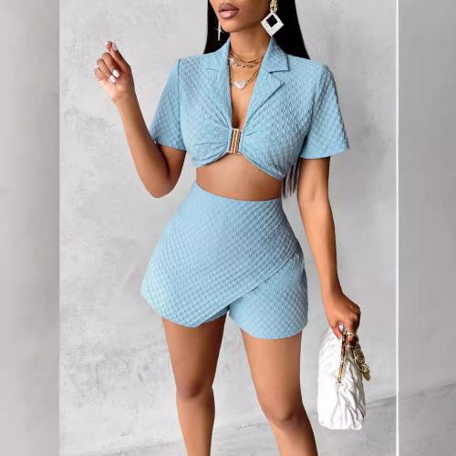 Polyester Women Casual Set midriff-baring & two piece short pants & short sleeve blouses blue Set