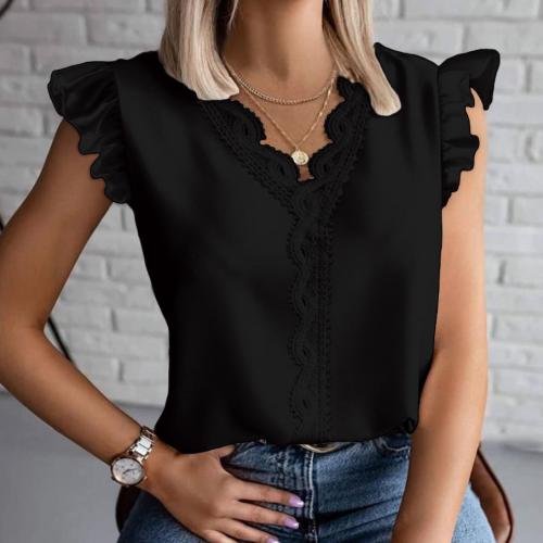 Polyester scallop Women Short Sleeve T-Shirts & loose patchwork Solid PC