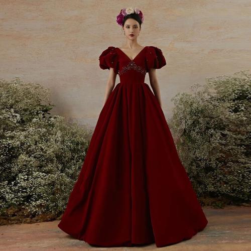 Polyester Long Evening Dress large hem design & deep V Solid red PC