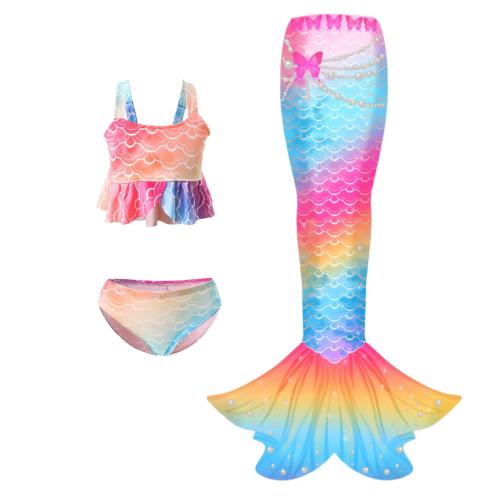 Polyester Children Mermail Swimming Suit & three piece printed multi-colored Set
