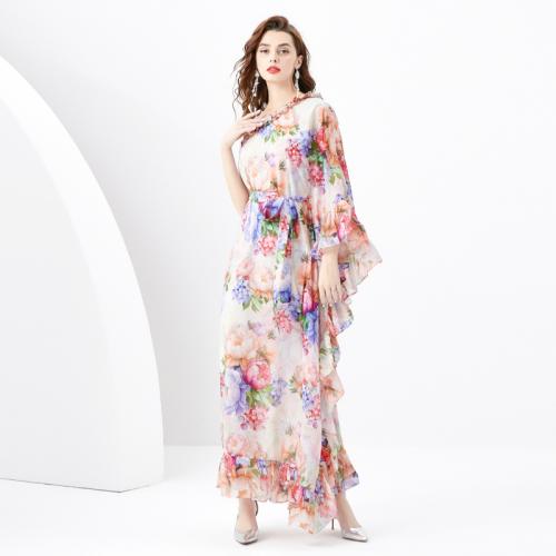 Polyester Soft One-piece Dress double layer & off shoulder printed floral pink PC