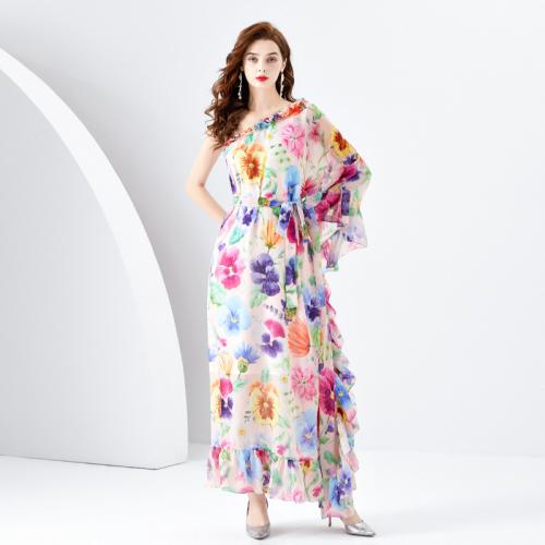Polyester One-piece Dress asymmetric & off shoulder printed floral multi-colored PC