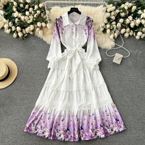Polyester Waist-controlled One-piece Dress large hem design & breathable printed floral PC