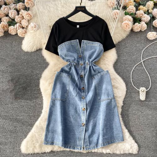 Denim & Polyester Waist-controlled One-piece Dress loose & breathable Solid : PC