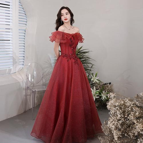Sequin & Gauze & Polyester Waist-controlled Long Evening Dress large hem design & off shoulder Solid red PC