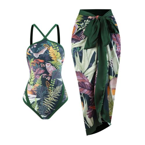 Polyester One-piece Swimsuit, different size for choice & different design for choice & padded, printed, green,  PC