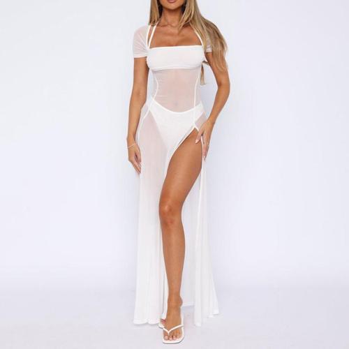 Polyester Two-Piece Dress Set see through look & side slit patchwork Solid white Set