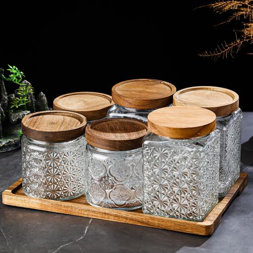 Glas & Massive Wood & Silikon Speicher-Jar, unterschiedliches Muster zur Auswahl, Transparent, 2Pcs/Viel,  Viel