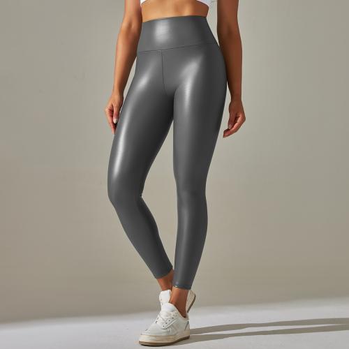 PU Leather & Polyester Women Yoga Pants lift the hip Solid PC