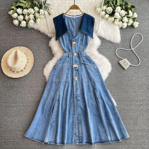 Denim Waist-controlled One-piece Dress deep V & breathable Solid blue PC