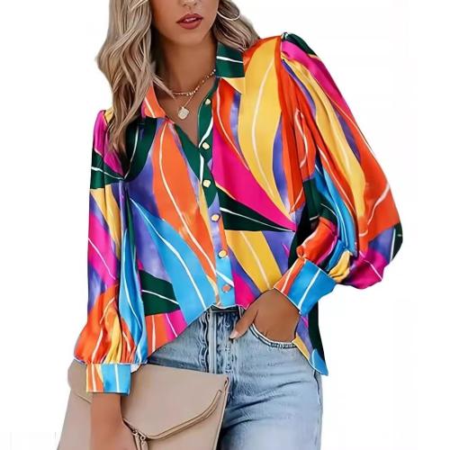 Polyester Women Long Sleeve Shirt & loose printed multi-colored PC