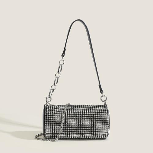 Rhinestone Shoulder Bag with extra hanging strap & soft surface Solid silver PC