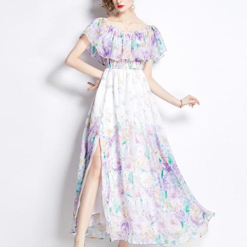 Chiffon Waist-controlled & front slit One-piece Dress slimming printed PC