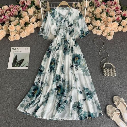 Chiffon Waist-controlled One-piece Dress large hem design & double layer printed floral : PC