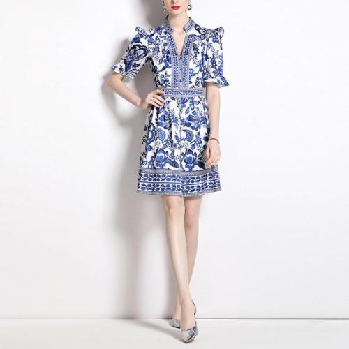 Polyester Waist-controlled One-piece Dress slimming & deep V printed PC
