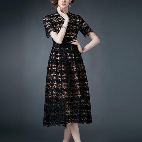 Lace & Polyester Waist-controlled One-piece Dress slimming & hollow black PC