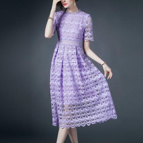 Lace & Polyester Waist-controlled One-piece Dress slimming & hollow Solid purple PC
