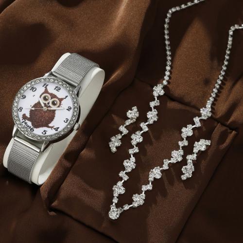 Glass & Stainless Steel & Zinc Alloy Jewelry Set for women & three piece & with rhinestone silver Set