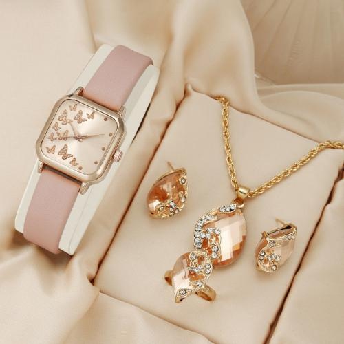 Glass & Stainless Steel & PU Leather & Zinc Alloy Jewelry Set for women & four piece & with rhinestone plated Set