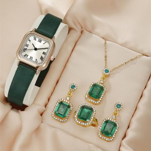 Glass & Stainless Steel & PU Leather & Zinc Alloy Jewelry Set for women & with rhinestone Set