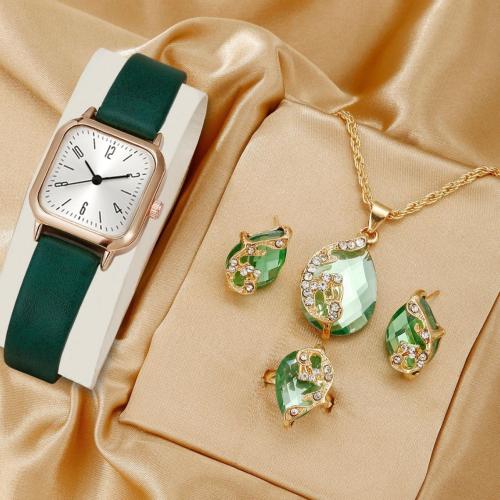 Glass & Stainless Steel & PU Leather & Zinc Alloy Jewelry Set for women & four piece & with rhinestone plated Set