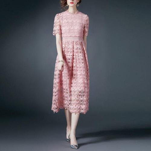 Lace & Polyester Waist-controlled One-piece Dress slimming & hollow pink PC